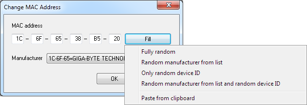 Change MAC Address - Menu