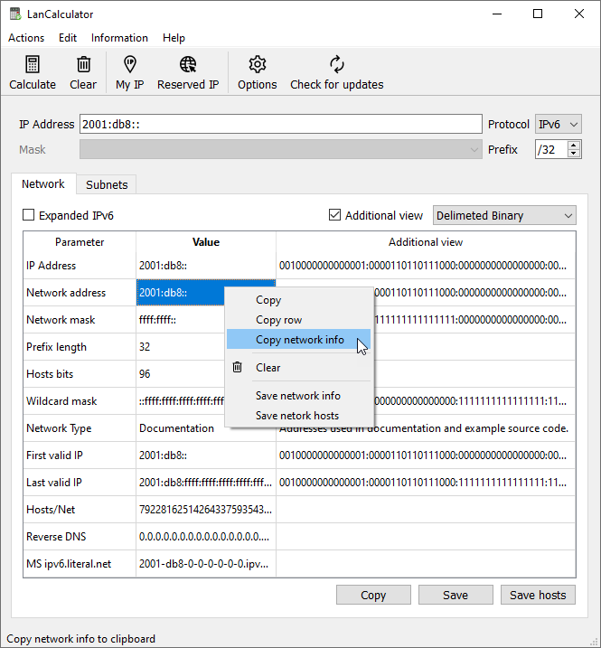 Network information context menu