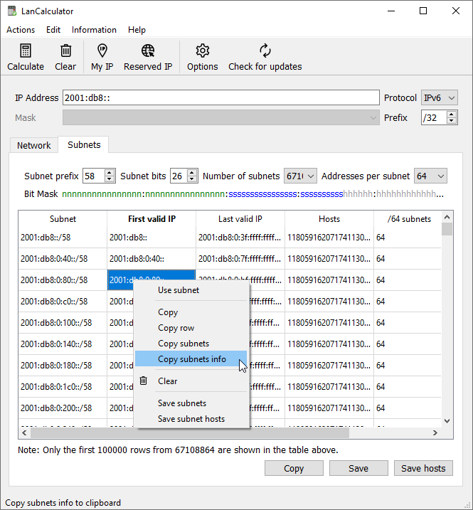 Subnets context menu