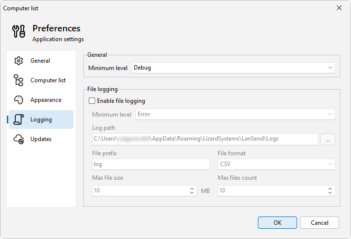 Preferences - Logging