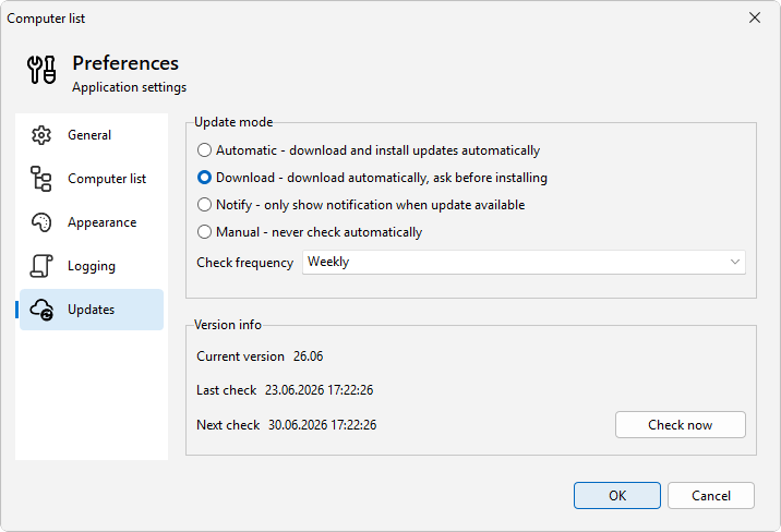 Preferences - Updates