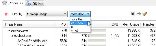 Filter process by Memory Usage