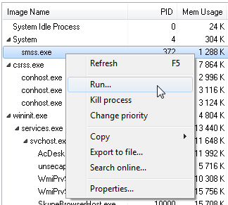 Process list popup menu
