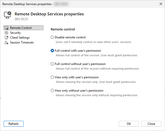 Remote Desktop Services properties dialog, Remote control tab