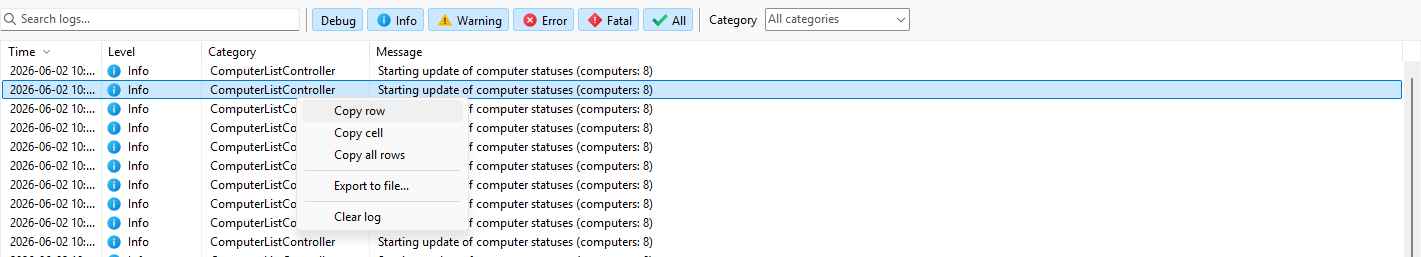 Log row context menu with copy and export commands