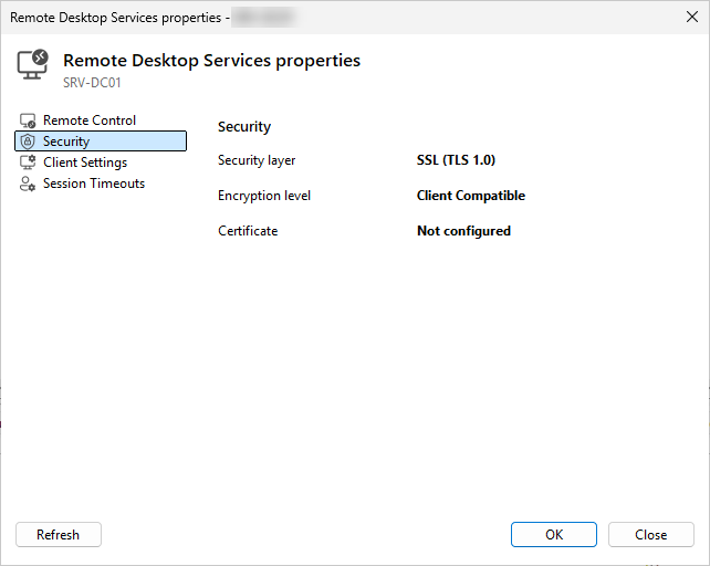 RDS properties, Security tab