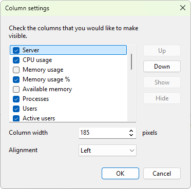 Column settings dialog