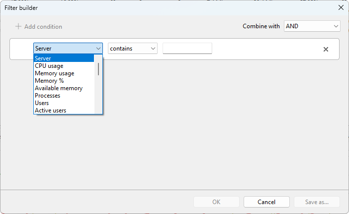Field dropdown expanded in the filter builder