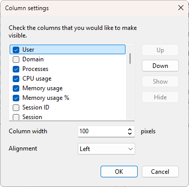 Column settings dialog