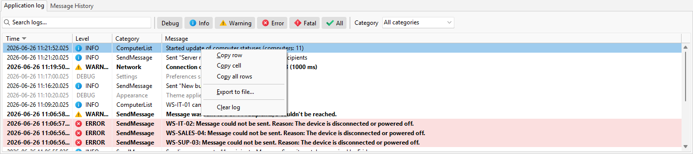 The Application log tab