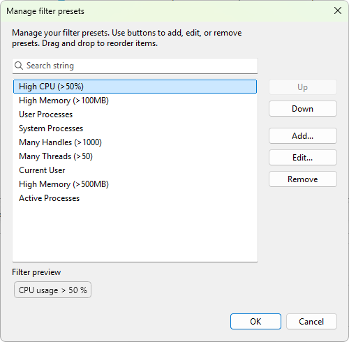 Manage filter presets dialog