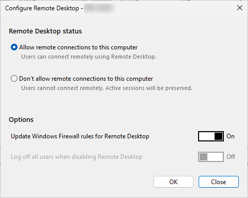 Configure Remote Desktop dialog