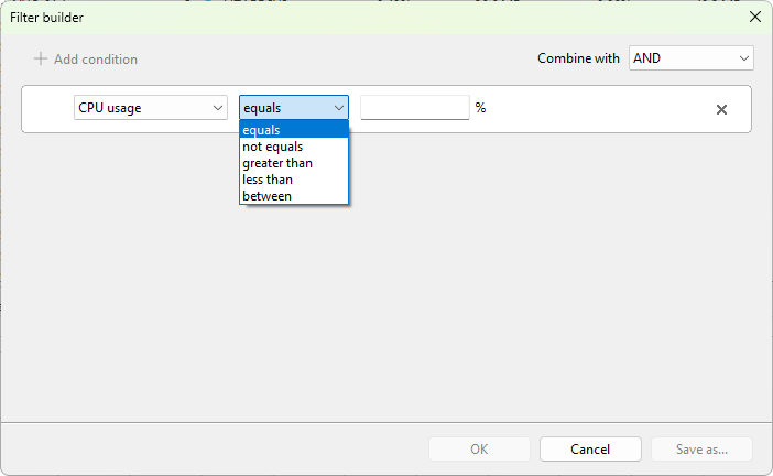 Operator list for a numeric field in the filter builder