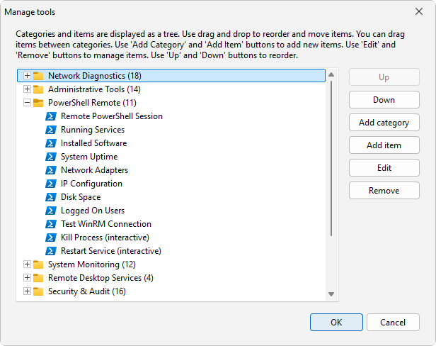 The Manage tools dialog