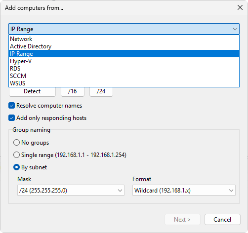 Add computers from wizard, source selection