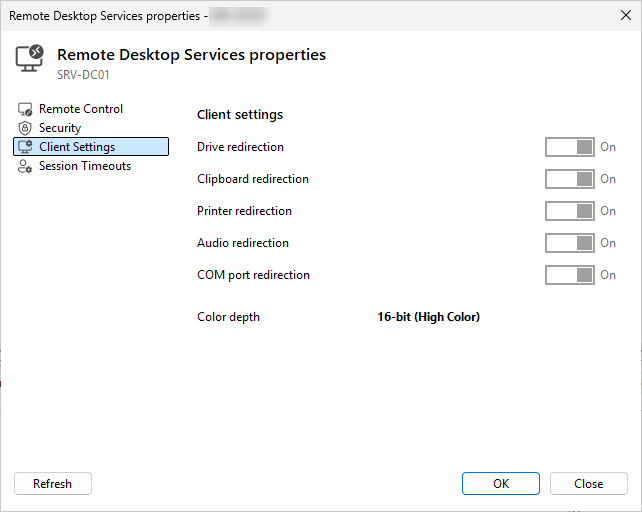RDS properties, Client settings tab