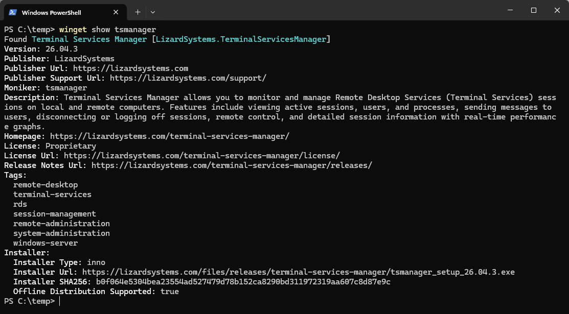 winget show tsmanager listing the package details