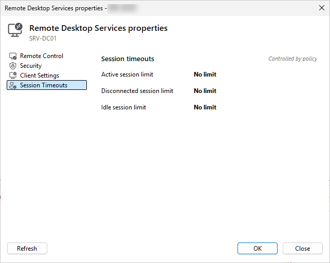 RDS properties, Session timeouts tab