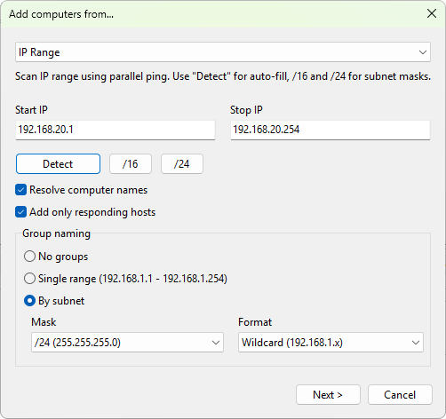 Wizard, IP range source page