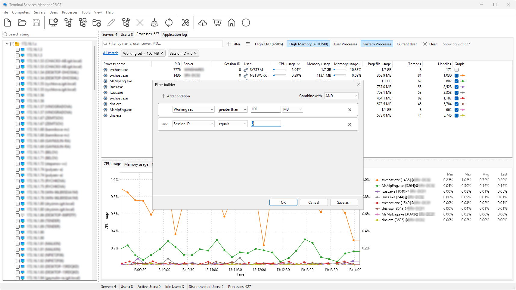 Filter builder dialog over the Processes tab