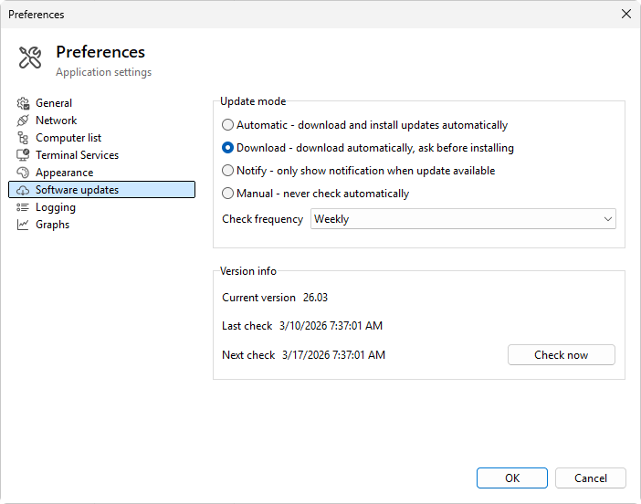 Preferences, Software updates page