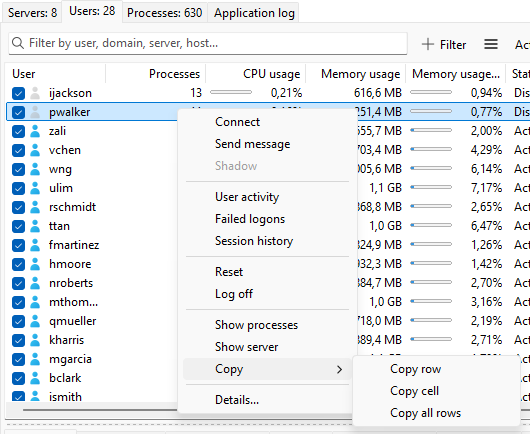 User context menu with the Copy submenu