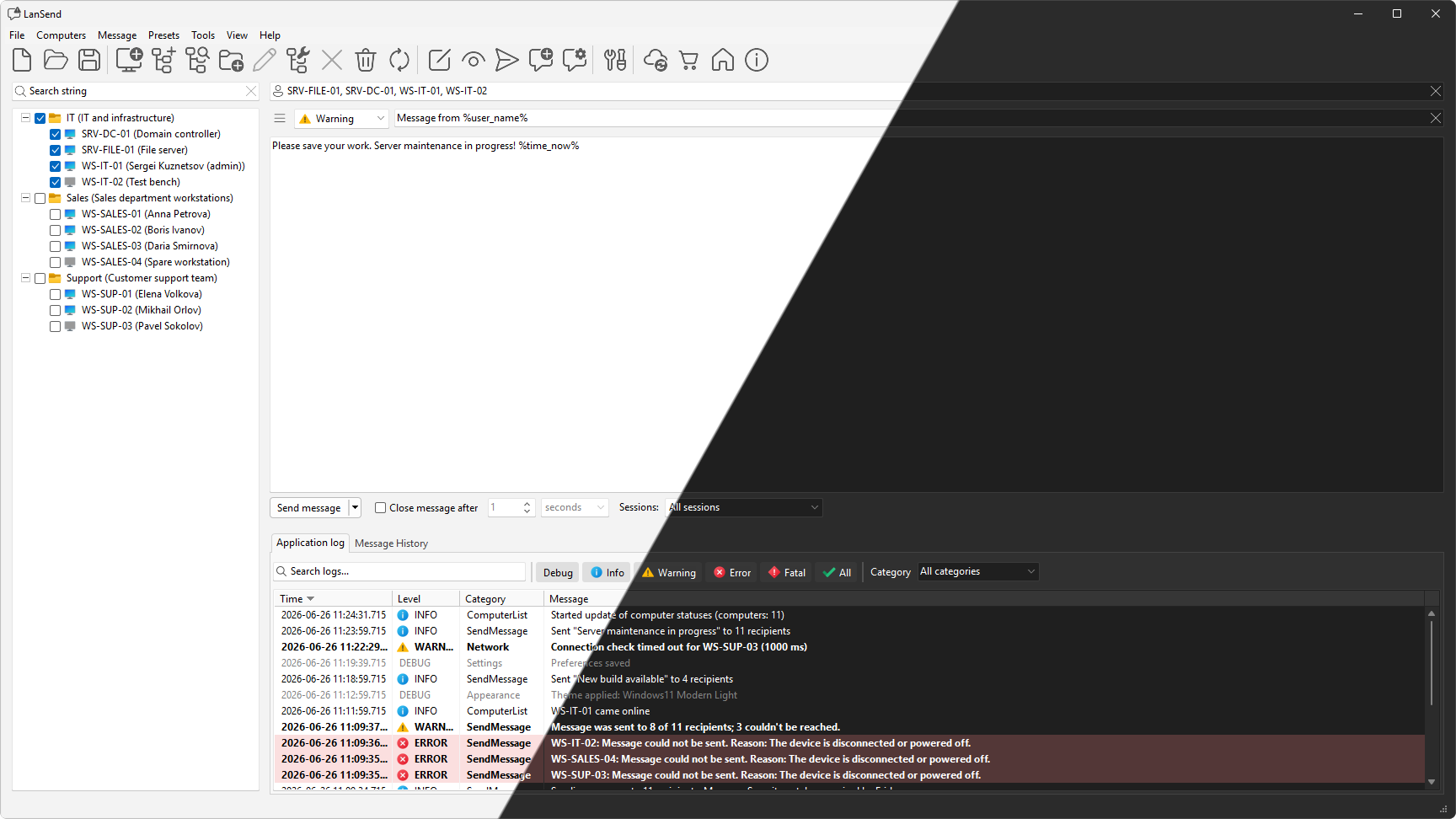 LanSend shown side by side in a light theme and a dark theme