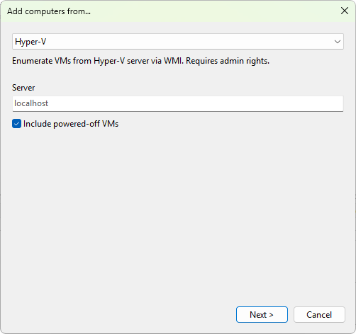 Wizard, Hyper-V source page