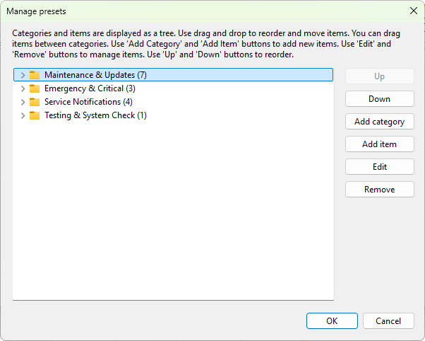Manage presets dialog