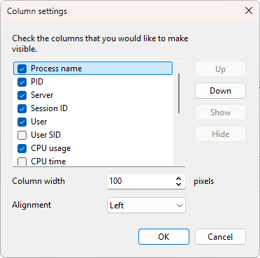 Column settings dialog