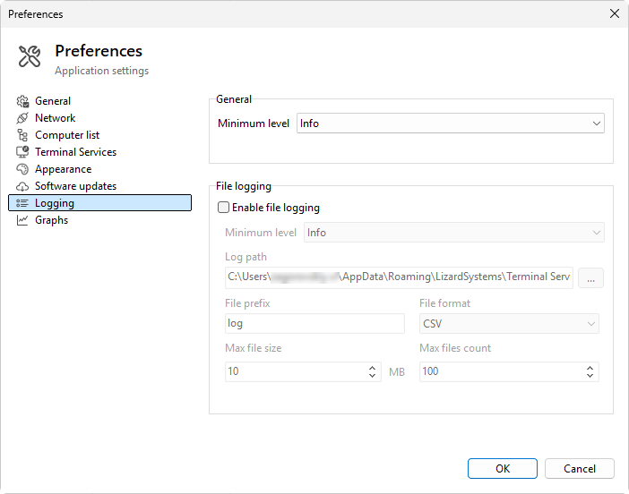 Preferences, Logging page
