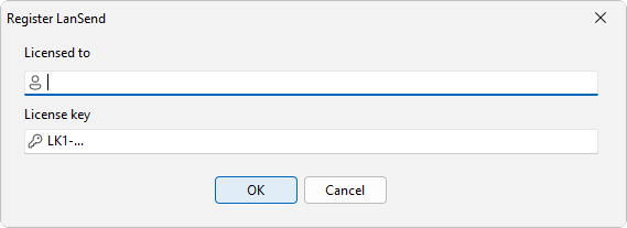 The Register LanSend dialog, with Licensed to and License key fields