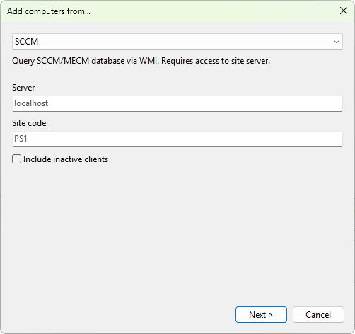 Wizard, SCCM source page