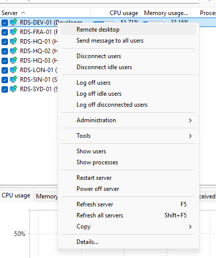 Remote desktop on the server context menu