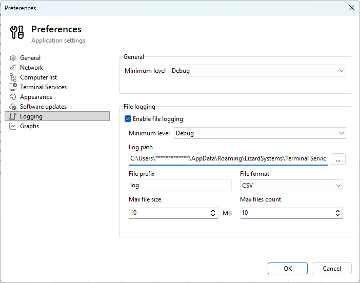 Preferences Logging page with file logging enabled and minimum level set to Debug