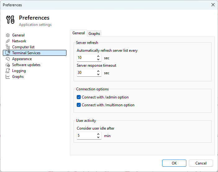 Set the idle threshold on the Terminal Services preferences page