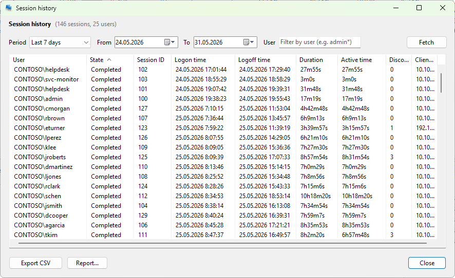Reconstructed sessions with logon time, duration, and client address