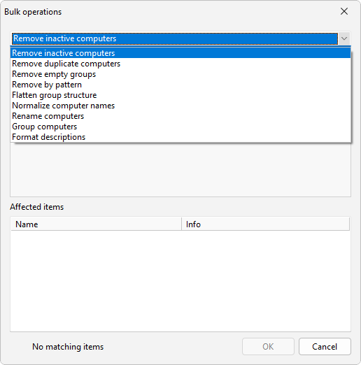 Bulk operations dropdown with options such as Remove inactive computers, Remove duplicate computers, Normalize computer names, and Group computers