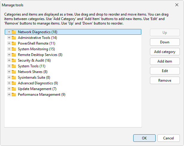 Manage tools: categories and commands