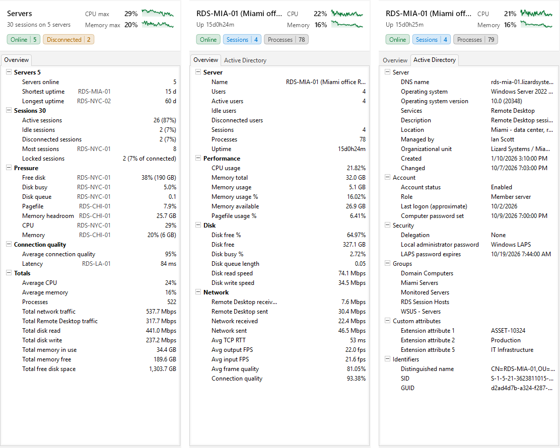 The inspector for servers: the whole Servers list, the Overview of one server, and its Active Directory tab