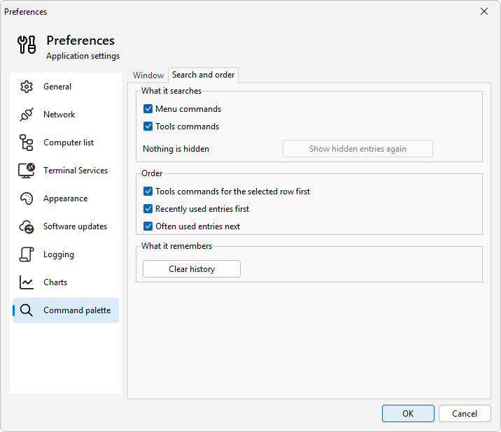 Preferences, Command palette: search and order