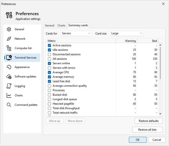 Preferences, Terminal Services, Summary cards: the cards for a list with their warning and bad levels