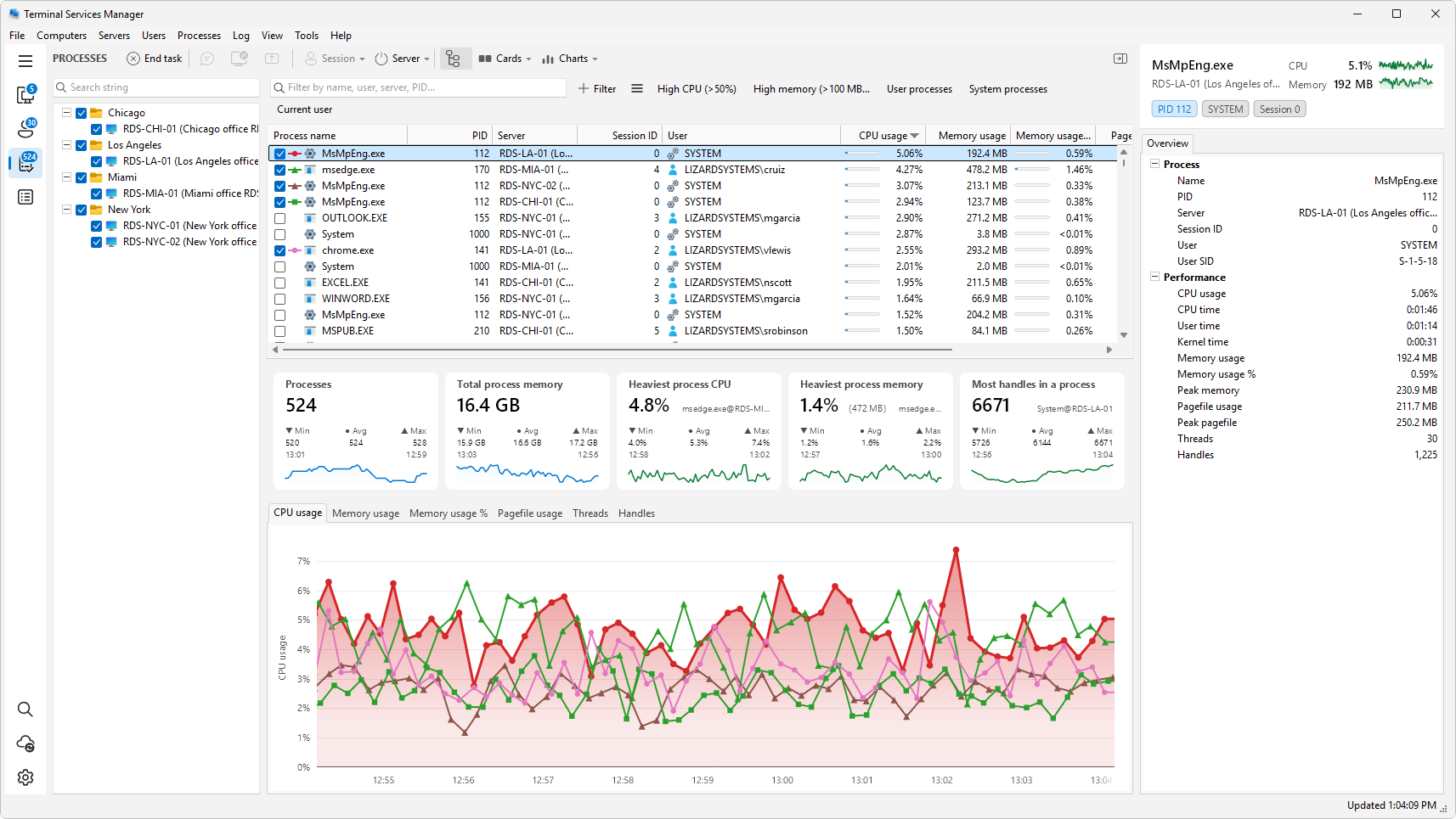 Processes from all servers sorted by CPU usage, with server, session ID, and user columns and one row selected