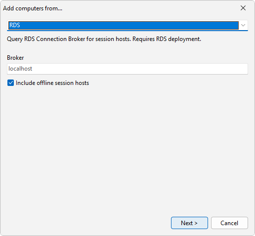 The RDS source asks for a connection broker name and can include offline session hosts