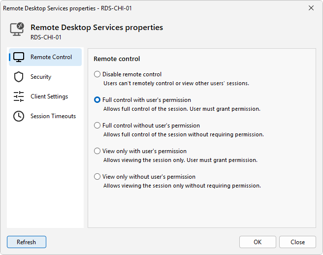 Remote control page of the Remote Desktop Services properties dialog, with options that require or skip the user's permission