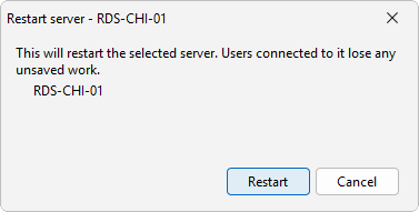 The Restart server confirmation names the server and warns that connected users lose unsaved work