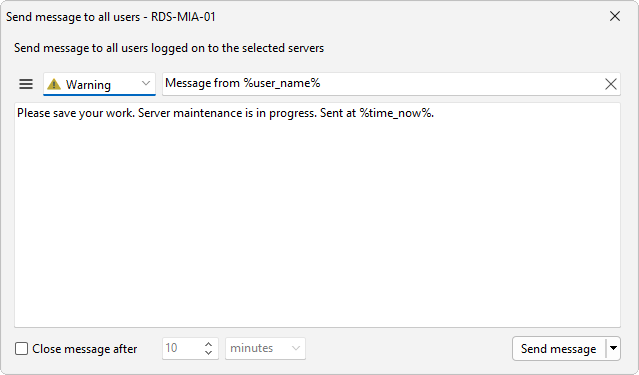 The Send message to all users dialog, used to warn users before a restart