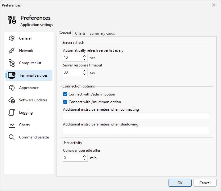 Terminal Services preferences page with the Consider user idle after setting under User activity
