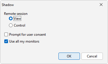 The Shadow dialog with View and Control options, Prompt for user consent, and Use all my monitors