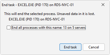 The End task confirmation names the process and server, with an option to end all processes with the same name